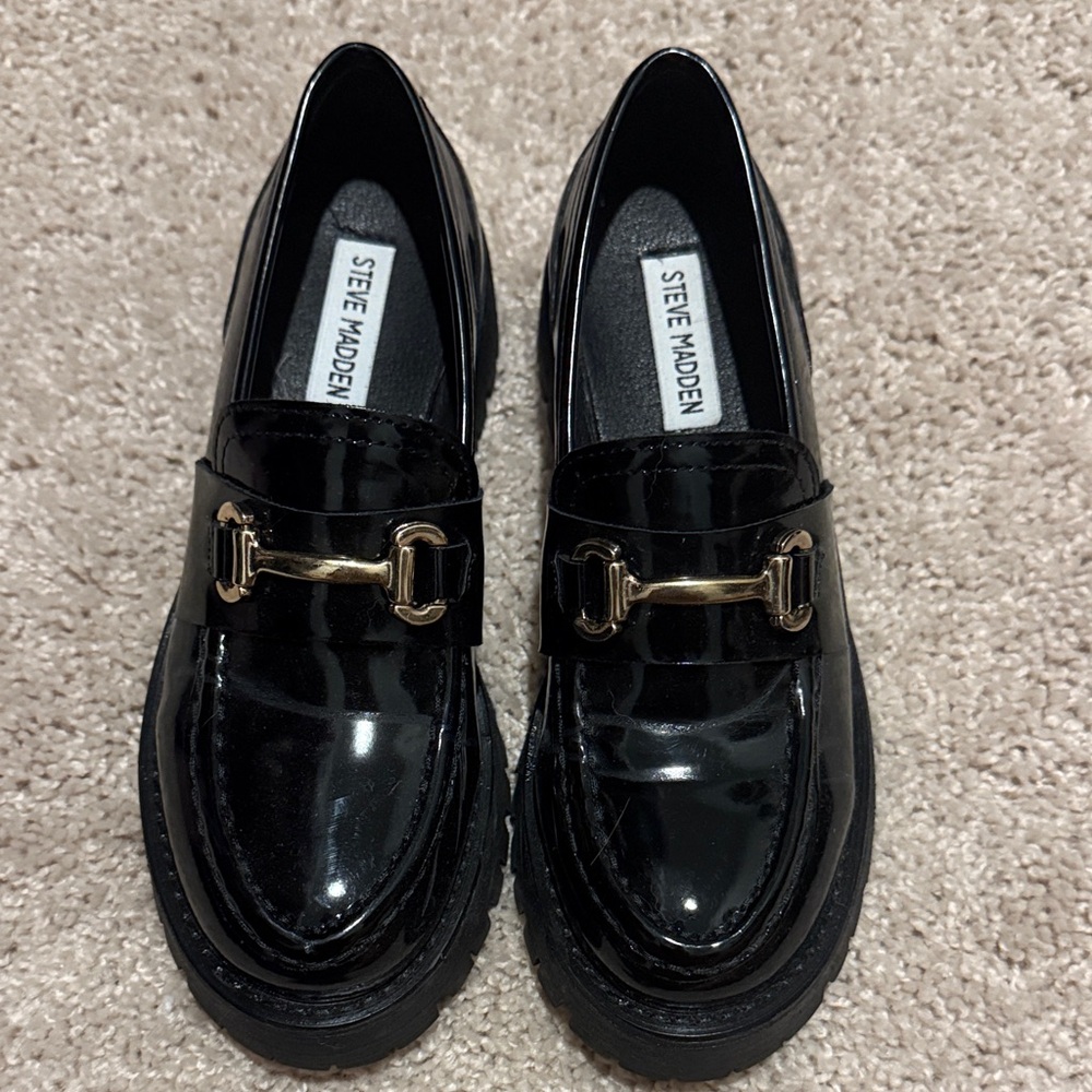 Steve Madden Glossy Black Loafers with Gold Detail